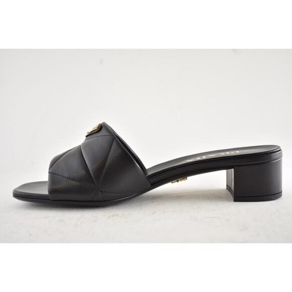 Prada Diagram Quilted Leather Black Gold Logo Slide Sandal Mule Block Heel 39 - Picture 12 of 15